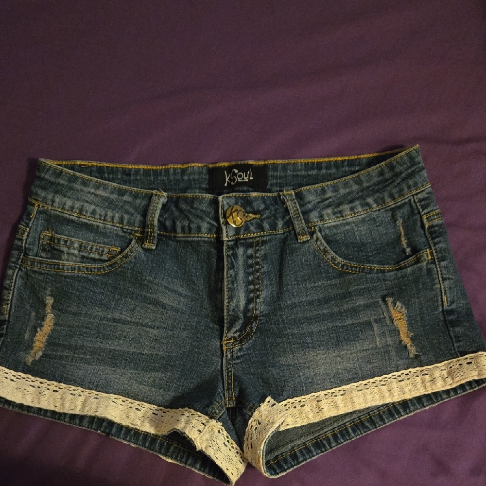 Women's Distressed Denim Shorts with Lace Trim